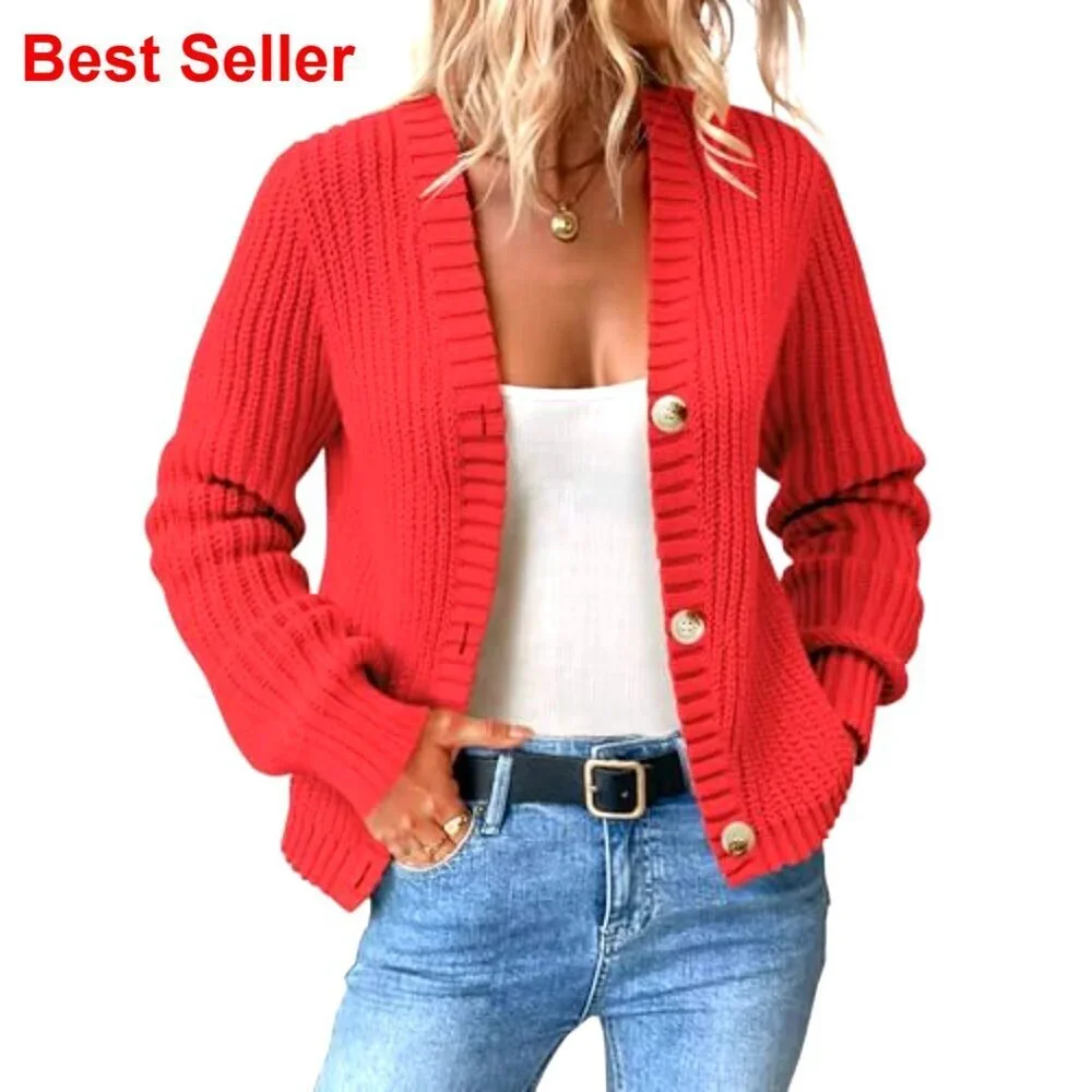 Oversized Chunky Knit Cardigan Waffle Texture Button Down V Neck Sweater